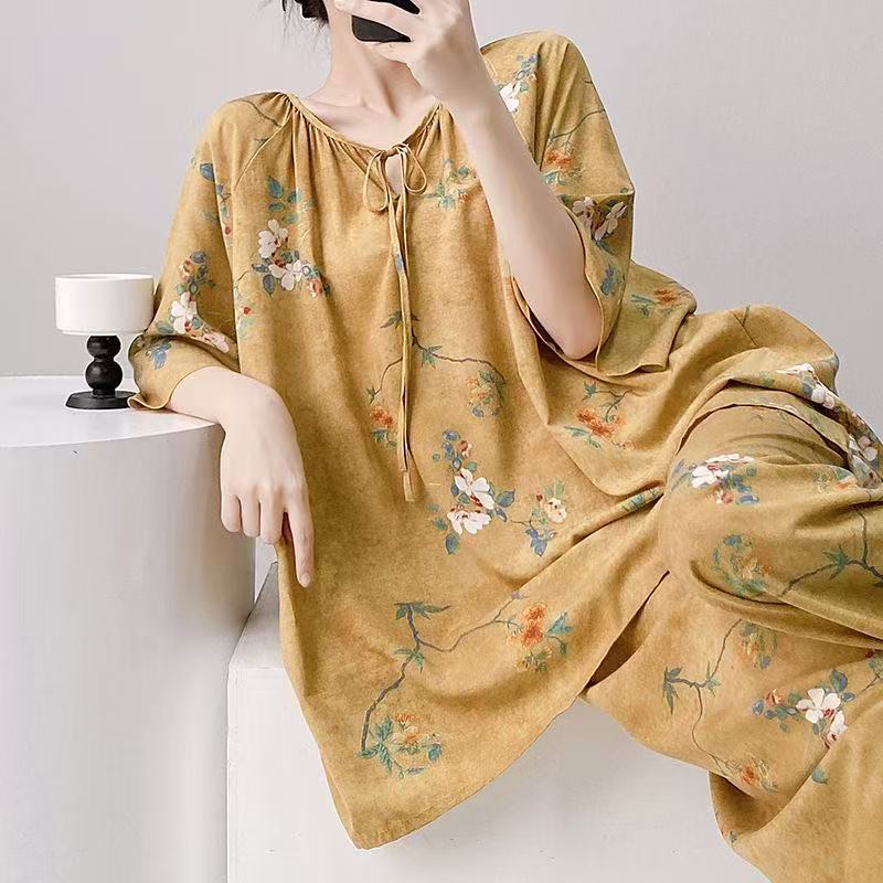 2025 新しい女の子甘い春綿シルクパジャマ女性の長袖ズボン大きいサイズツーピーススーツホームウェアセット|undefined