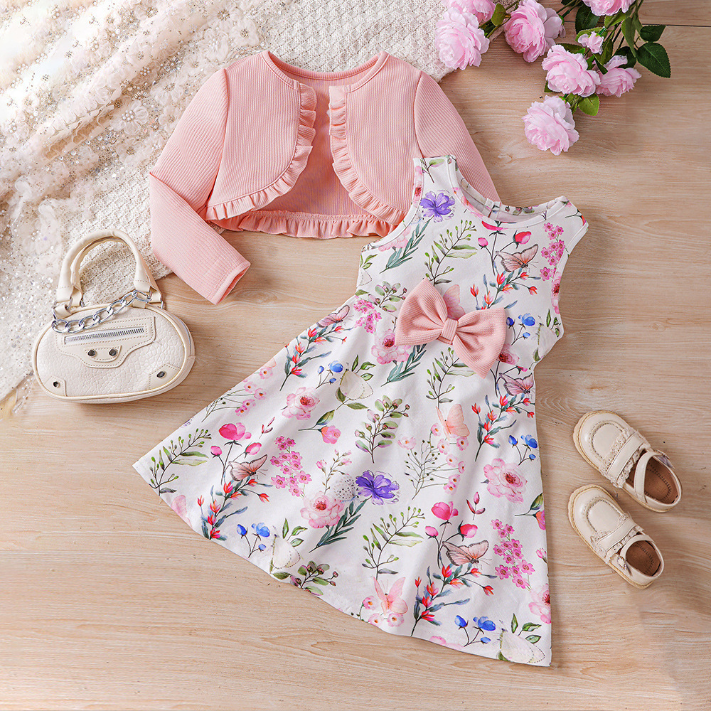 Vêtements pour enfants EW Nouveau produit pour filles Printemps et automne Robe imprimée Ensemble cardigan tricoté TZ828-C_voghion.com
