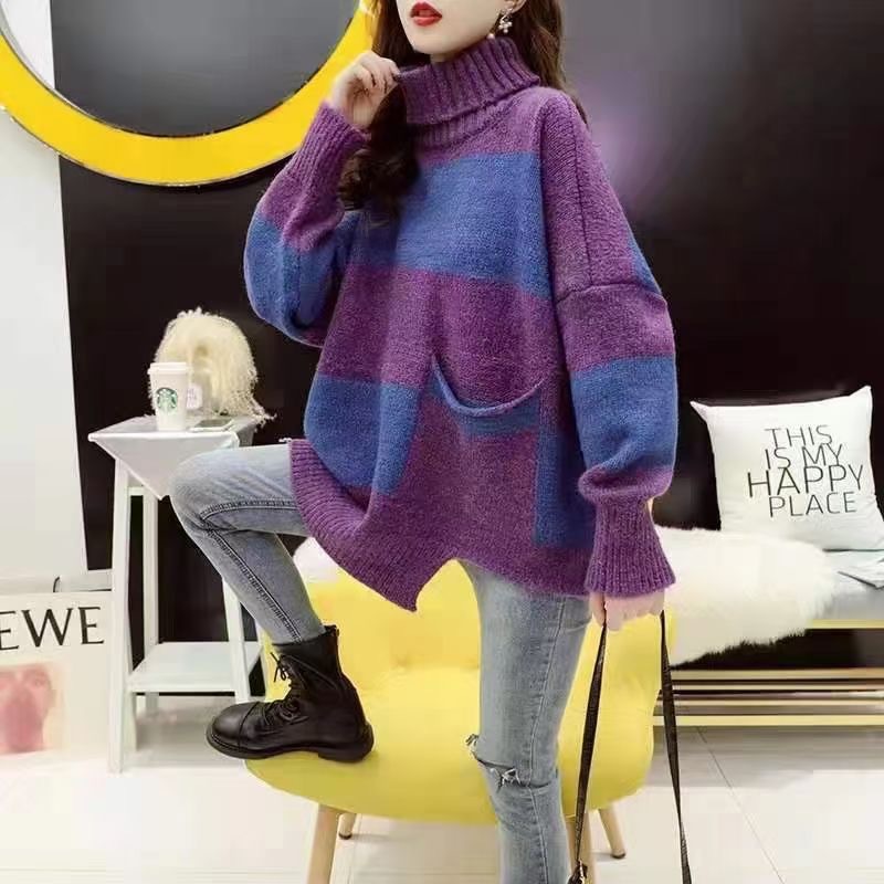 24 invierno Puyuan collar fz otoño invierno suéter de tamaño grande para mujeres 2024 nuevo estilo rayado