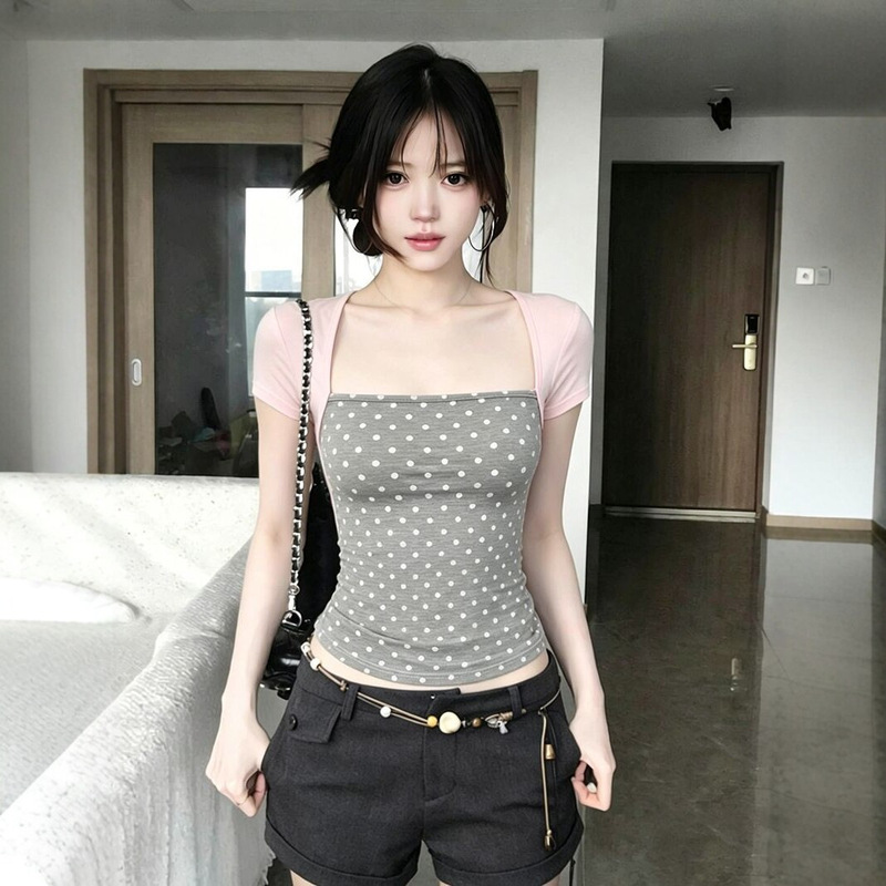 [260g Rayon Modal] Korean Style Fake Two-Piece Contrasting Color Square Collar Polka Dot Short-Sleeved T-Shirt Women's Slim Fit Top Summer