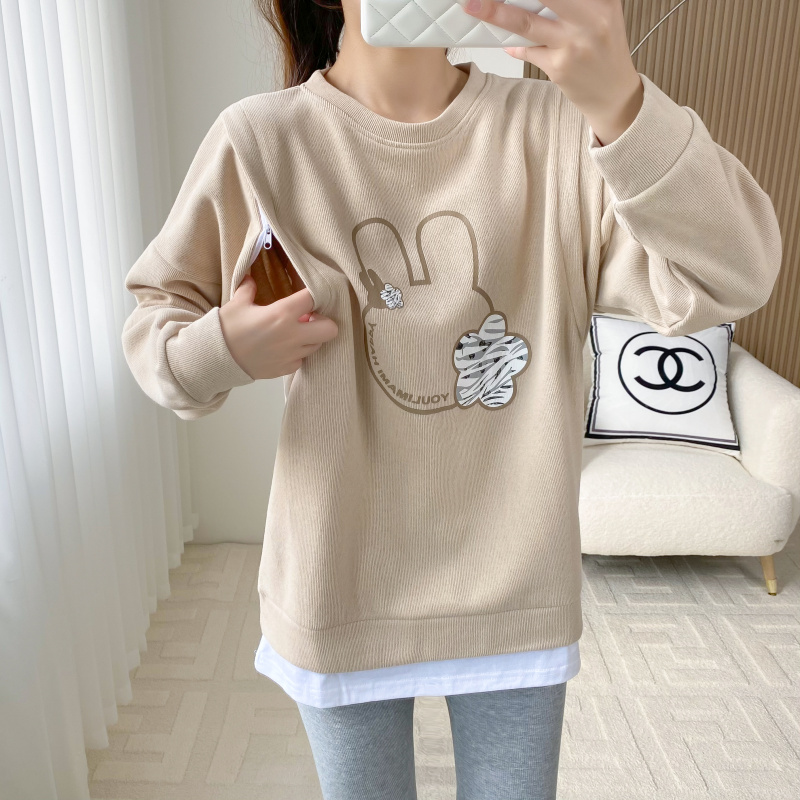 Postpartum Nursing Clothes, Spring and Autumn Outing Hot Mom Long-Sleeved Cotton Sweatshirts, Autumn and Winter Outer Wear Nursing Clothes