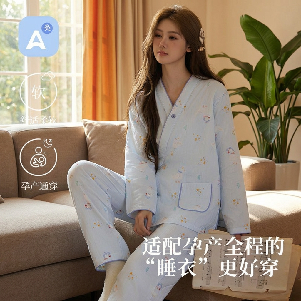 純綿月子服パジャマと二重ガーゼ春夏妊婦の産後授乳は家庭服を調節できます。