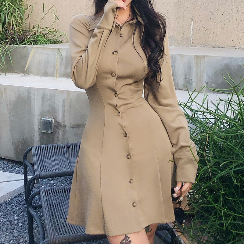 Long-Sleeved Lapel Slim Single-Breasted Shirt Dress NSSS108069