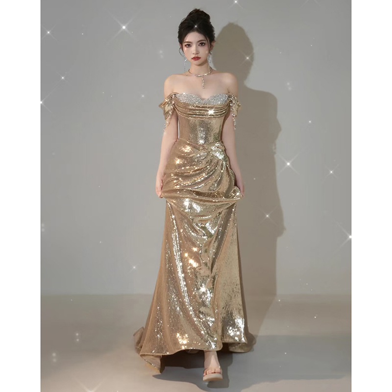 Engagement Dress, Stunning Fishtail Toast Dress, Golden One-Shoulder Host Evening Gown, Feminine Style, 2025 New Model Engagement Dress, Stunning Fishtail Toast Dress, Golden One-Shoulder Host Evening Gown, Feminine Style, 2025 New Model