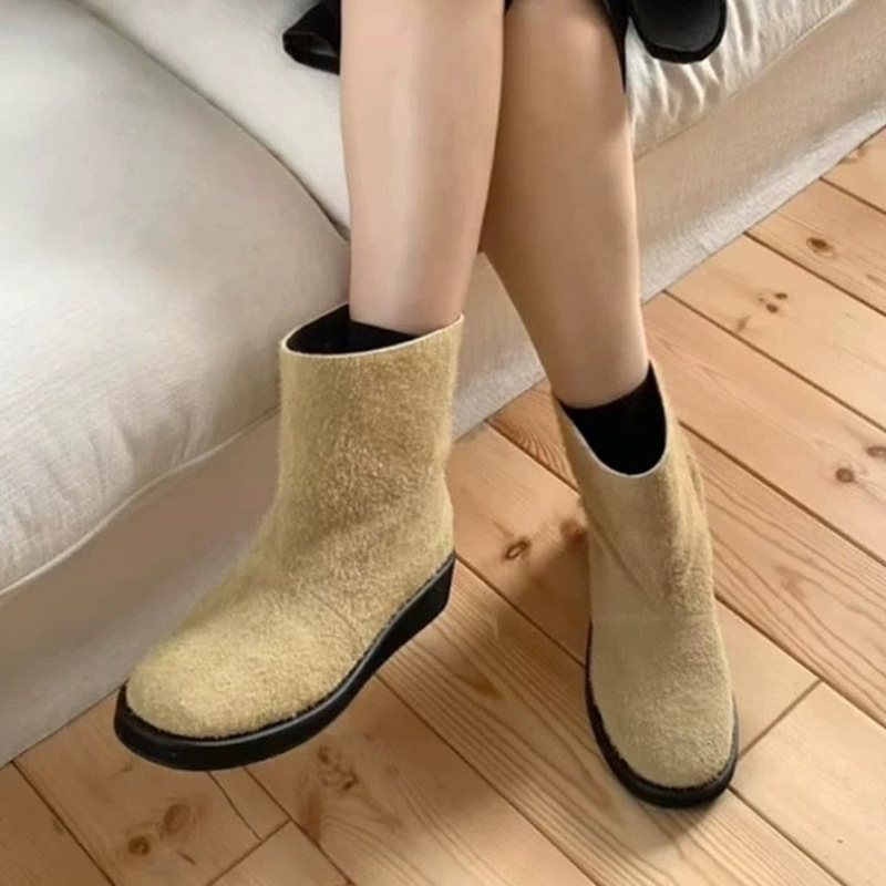 牛皮版~小众新款复古磨砂皮圆头厚底百搭粗跟马丁靴女套筒短靴女|undefined