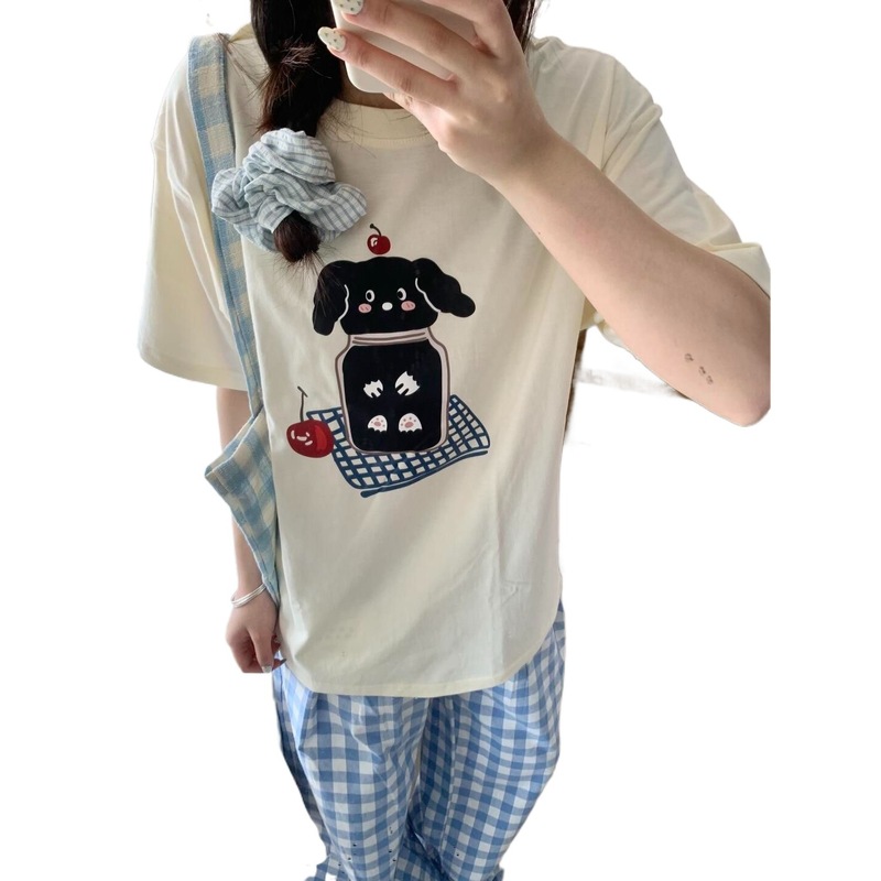 漫画多用途カレッジスタイル半袖Tシャツ犬プリントルーズトップファッション新しいスタイル多用途イントレンド|undefined
