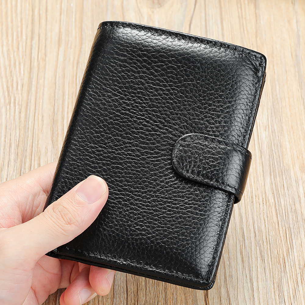 Ví da nam dài nhiều khe thẻ chống RFID, 3 ngăn, da bò thật — Đen, Đen trơn, Nâu cà phê, Đỏ nâu