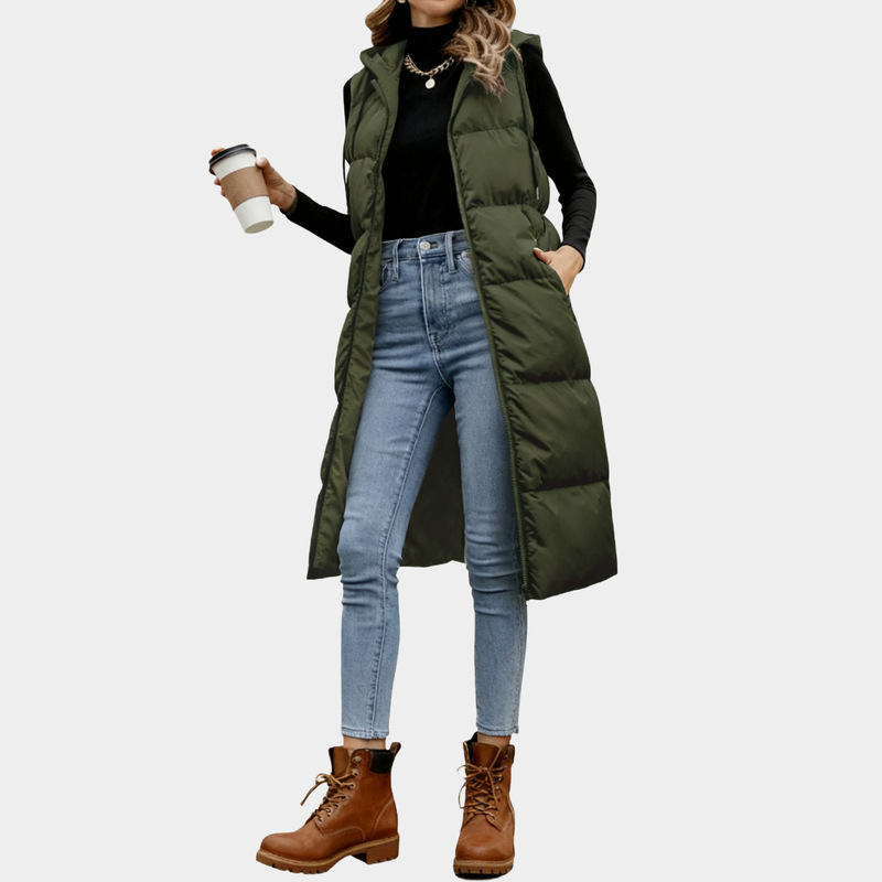 跨境长款棉服背心马甲女式连帽秋冬加厚保暖羽绒棉衣夹克外套1449|undefined