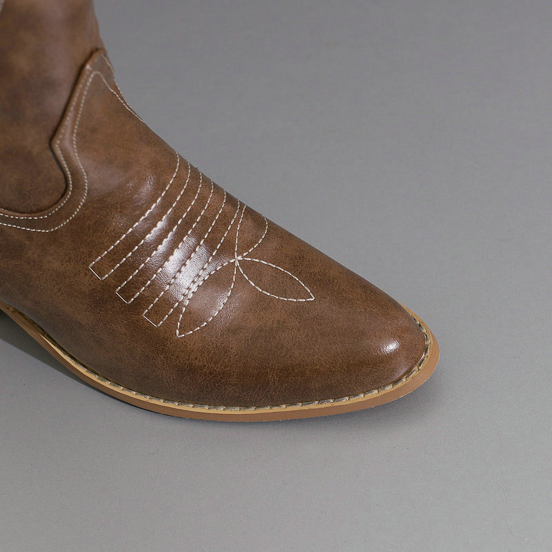 Stivali da cowboy da donna Stivali da cowboy alti e appuntiti da ragazza ricamati, stivali rusticali vintage con tacco spesso e cerniera laterale_voghion.com