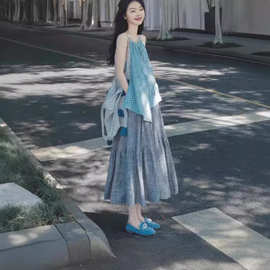 2024夏季法式复古蓝色格子无袖亚麻衬衫背心半身裙子套装女