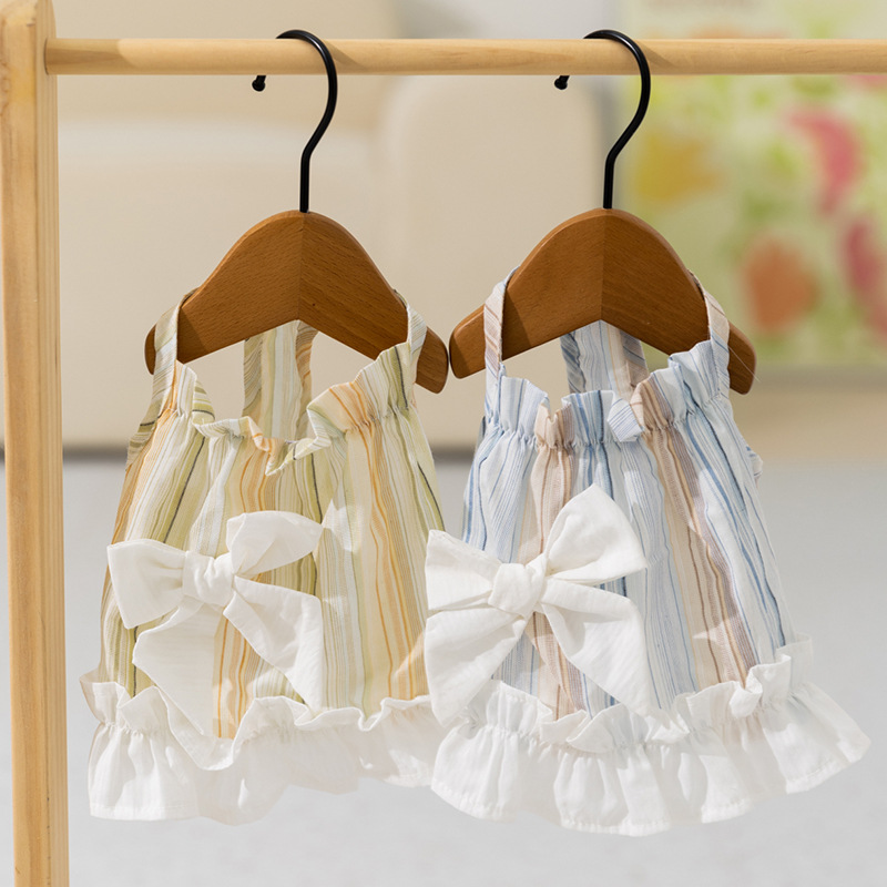 Primavera y verano perros arco de hoja de loto princesa viento vestido pequeño perro rayado gato vestido de mascota