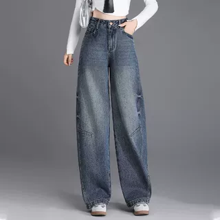 蓝色阔腿牛仔裤女2025新款秋冬加绒高腰裤子复古宽松弯刀裤哈伦裤