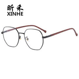 新款简约男女同款金属仿木纹平光镜多边形镜架可配度数防蓝光眼镜