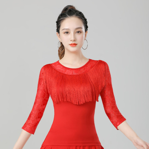 National Standard Latin Dance Uniform for Adult Women, New Style Square Dance Clothes, Modern Dance with Fringes, Practice Suit for Jitterbug Dance, Top