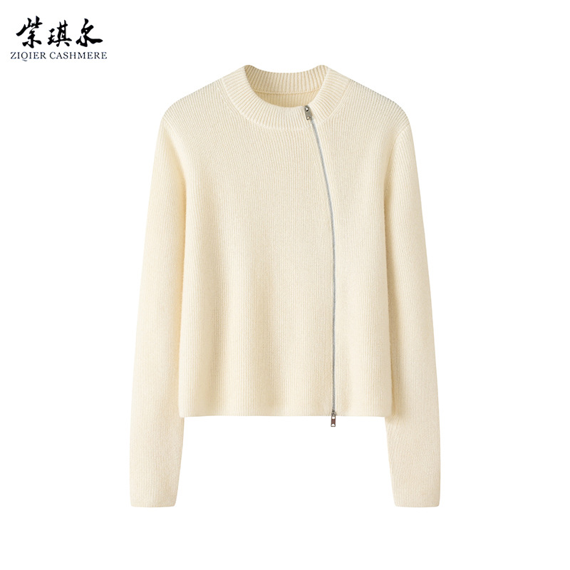 纯羊绒女开衫侧拉链元宝针圆领斜单畦开衫长袖针织衫鄂尔多斯市产