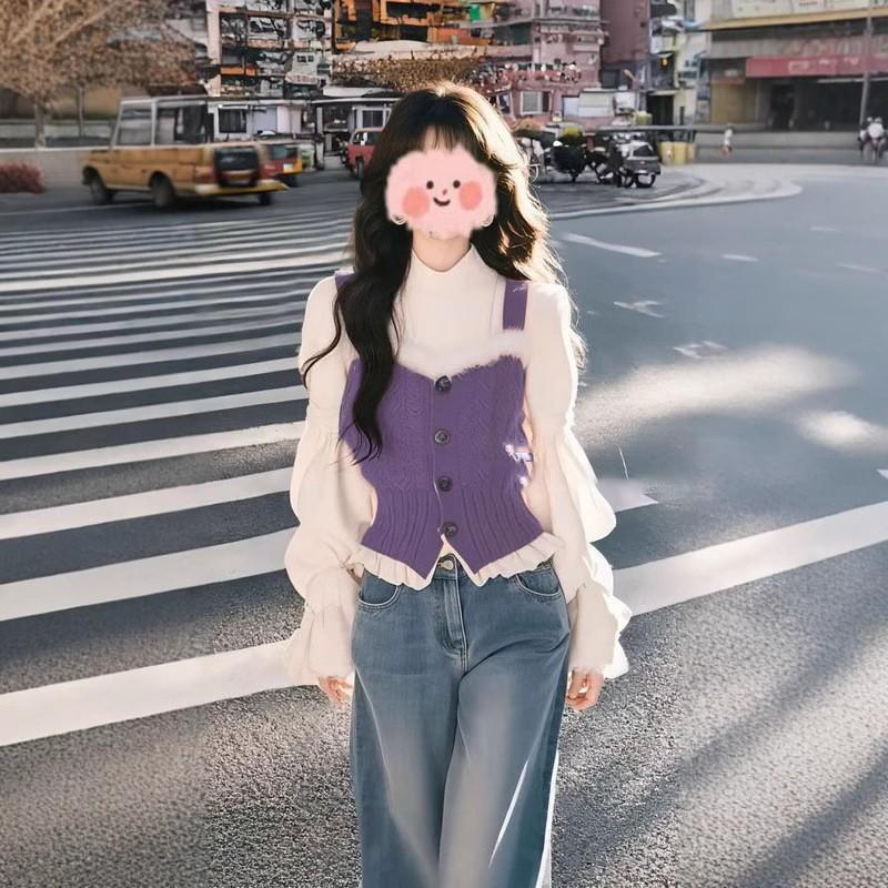 Long-Sleeved Winter New Style High-End Elegant Gentle Purple Christmas Fake Two-Piece Shirt Furry Knitted Vest Top Long-Sleeved Winter New Style High-End Elegant Gentle Purple Christmas Fake Two-Piece Shirt Furry Knitted Vest Top