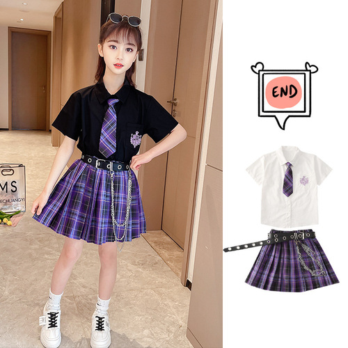 Ladies' Summer JK Uniform Set Anime Dark Short-Sleeve Shirt Academic Style Trendy Pleated Skirt Two-Piece Set