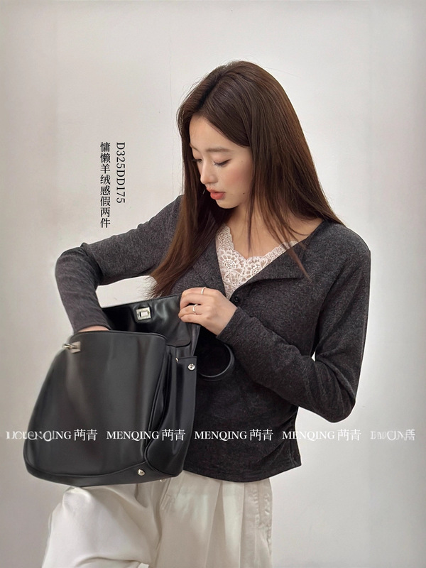 菛青蕾丝假两件亨利长袖T女秋冬显瘦百搭内搭上衣打底|undefined