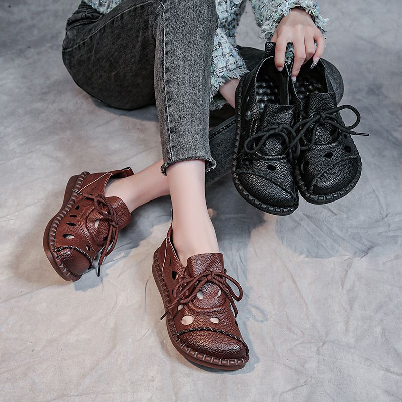 2026 nuevo tamaño de lazos delanteros de alta calidad retro sandálias romanas con base plana agujero agujero zapatos sandalias mujeres