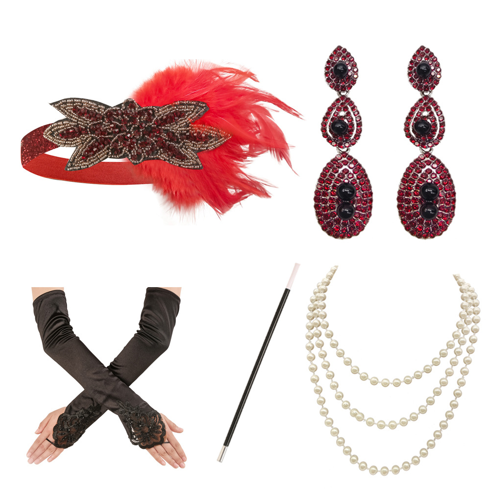 1920 Flapper vestido de niña disfraz de Halloween guantes de cigarrillos collar de varilla venda tira de lana conjunto de cinco piezas