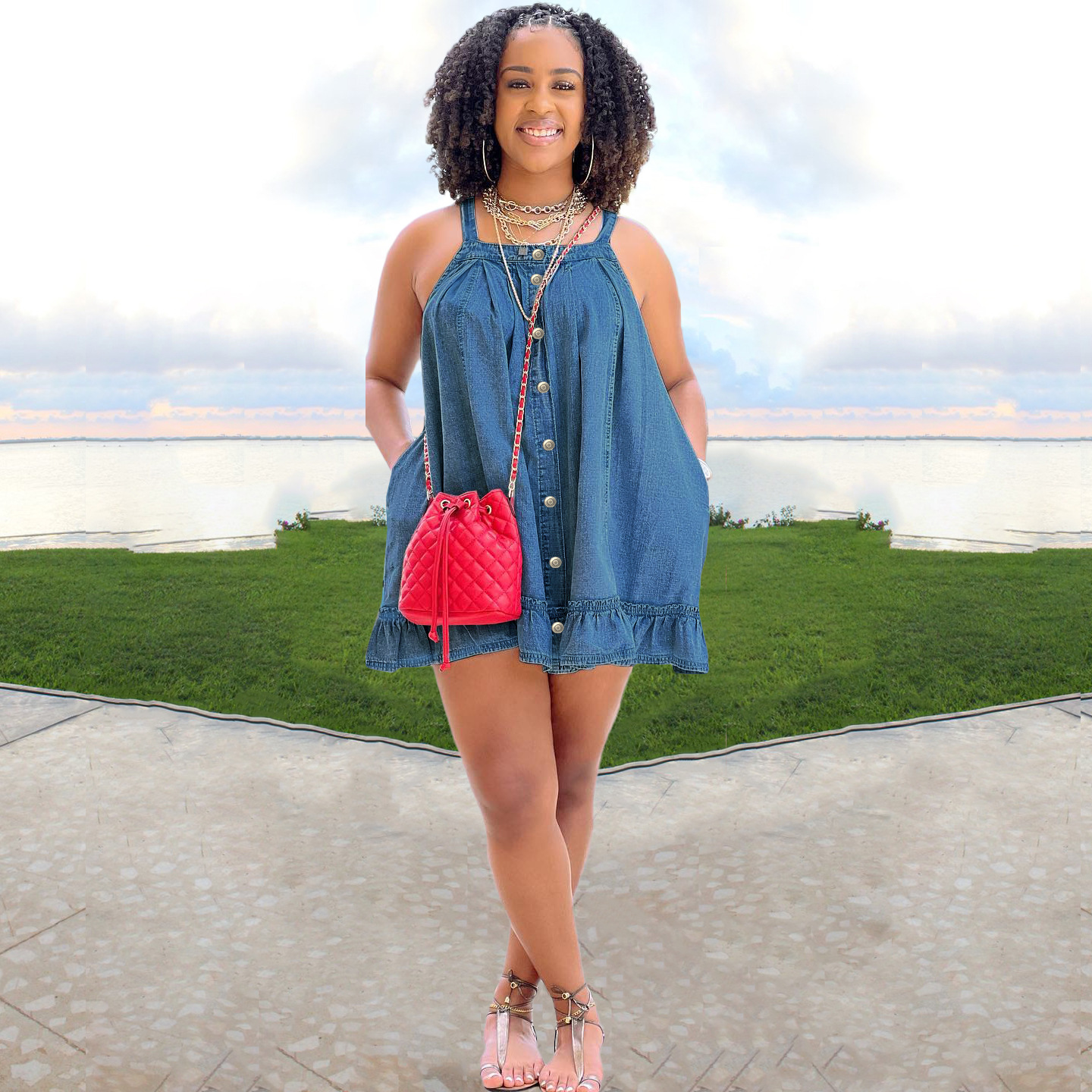 women's clothing Solid color suspenders button pocket loose washed denim dress_mkmklike.com