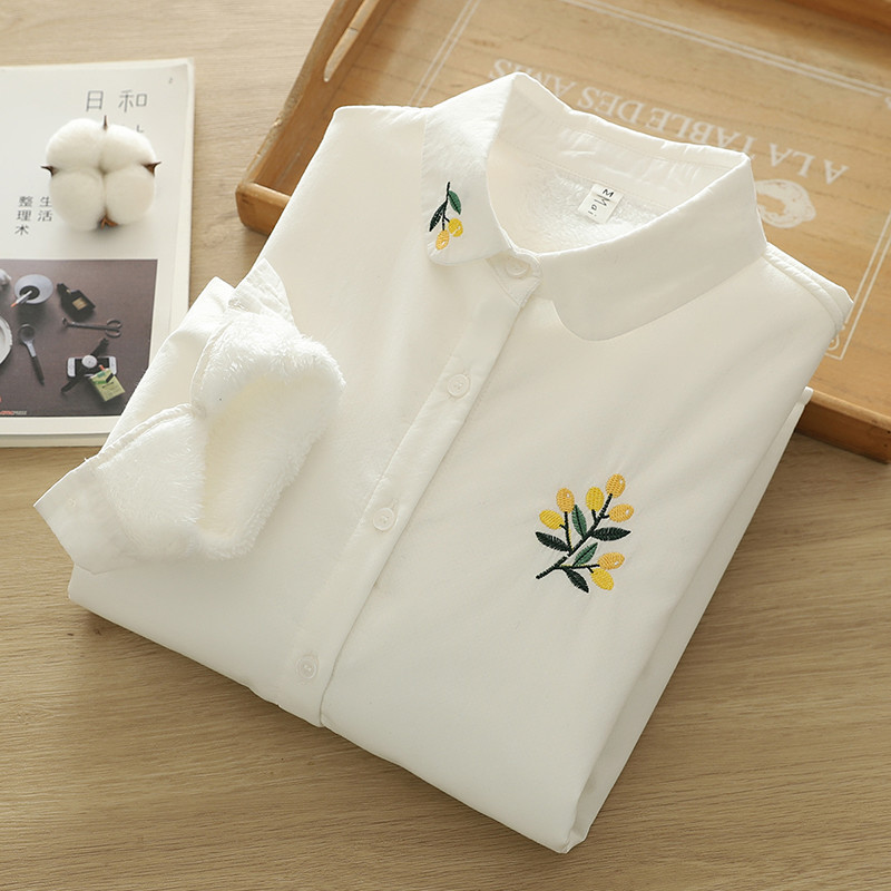 2025冬季新款 加绒加厚刺绣白色保暖女士长袖衬衫衬衣批发潮