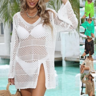 Women's Blouse Beach Bikini Overalls Cross-border European and American Women's V-neck Split Hollow-out Woven Long-sleeve dress