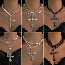 欧美跨境赛博朋克风十字架项链暗黑夸张微镶仿珍珠多层叠戴项饰品