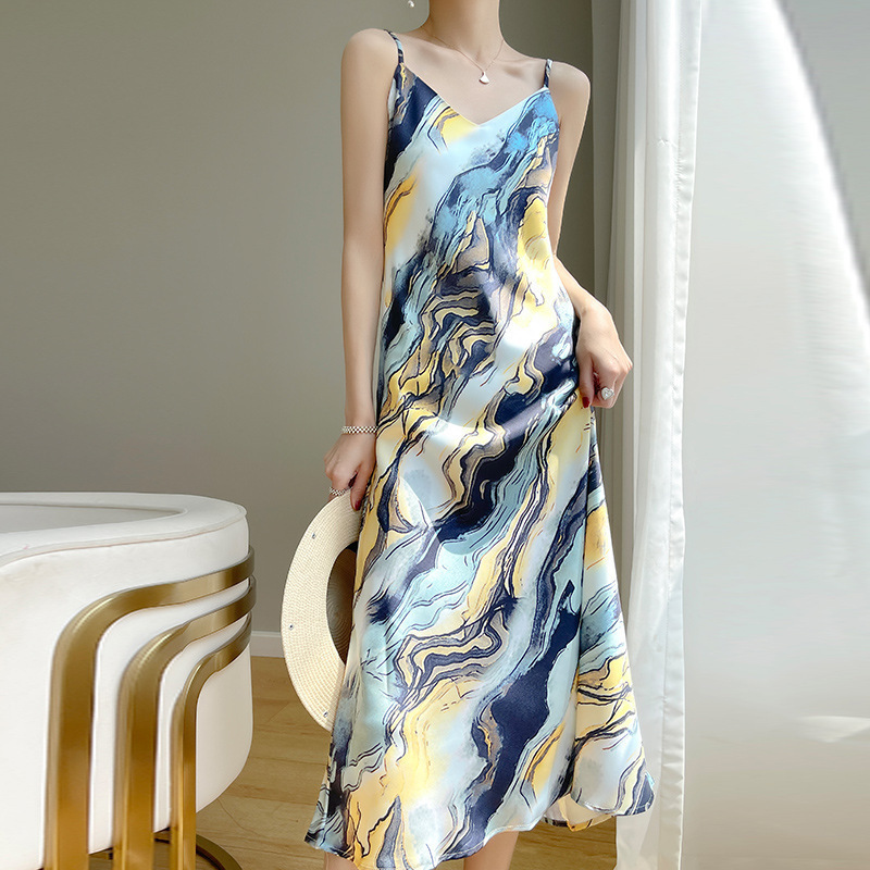 French-Style Floral Acetate Satin Camisole Slip Dress for Women, Silk Print, Elegant Lady Sleeveless Mid-Length Dress