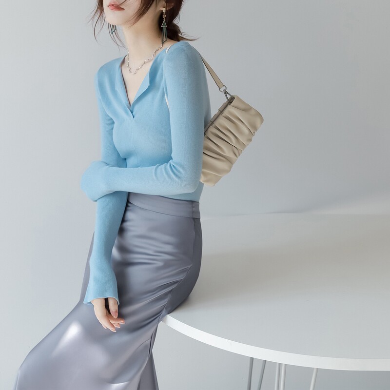 Gentle Top Early Spring Cashmere Elegant All-match Lazy Design Simple Knitted Shirt