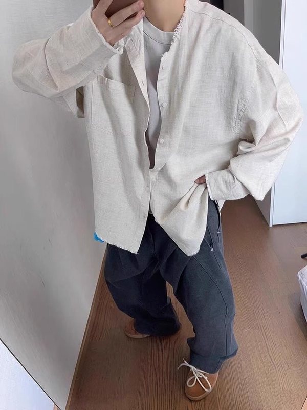 绿色毛边亚麻老钱风衬衫男款夏季慵懒风长袖衬衣cleanfit防晒外套|undefined
