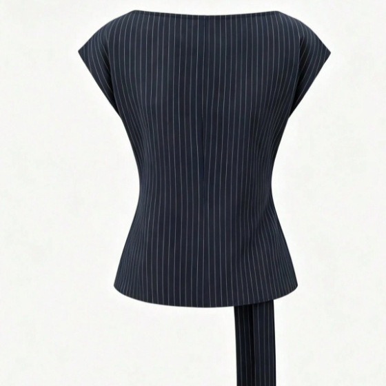 Navy Blue Fine Striped Boat-Neck Top with Cap Sleeves, Side Twist Tie, Waist-Cinching, Slimming, Elegant Sleeveless Blouse for Work