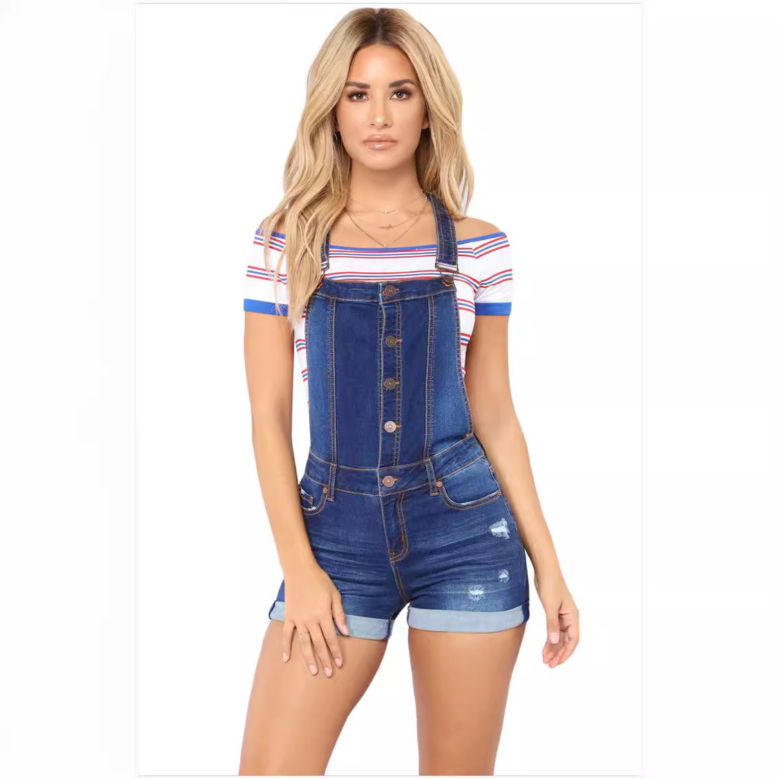 Primavera Amazon Europa y América ripped hip lifting suspender curling jeans deseo Pantalones Cortos de fábrica en las ventas Al Por Mayor