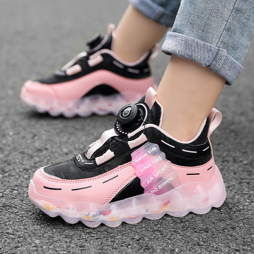 Kids' Shoes 5-8 Years Old Leather Surface Sports Shoes 2025 Model Boy's Rotating Button Shoes Children Breathable Mesh Running Shoes