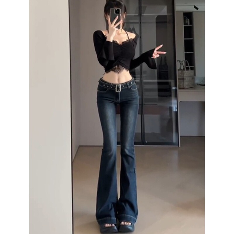 dark blue Low Waist Slim Fit Micro-flared Jeans Women's Autumn and Winter 175 Tall Slim Look Long 170 Mop Pants