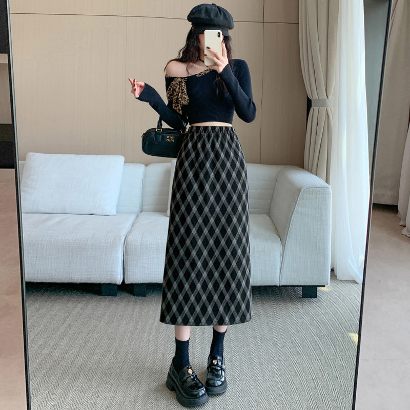 毛呢格子半身裙女秋冬季2025新款高腰显瘦休闲a字中长款包臀裙子|undefined