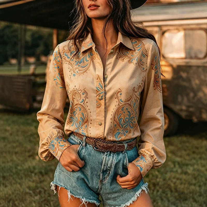 Women's autumn and winter new style shirt, paisley jacquard, long-sleeved, loose-fitting, retro western-style top, export-quality clothing Women's autumn and winter new style shirt, paisley jacquard, long-sleeved, loose-fitting, retro western-style top, export-quality clothing