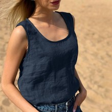 亚马逊欧美独立站跨境女装宽松休闲棉麻背心夏季纯色圆领无袖上衣