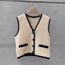 24秋冬新品小众设计撞色V领单排扣针织开衫羊羔毛背心马甲上衣女