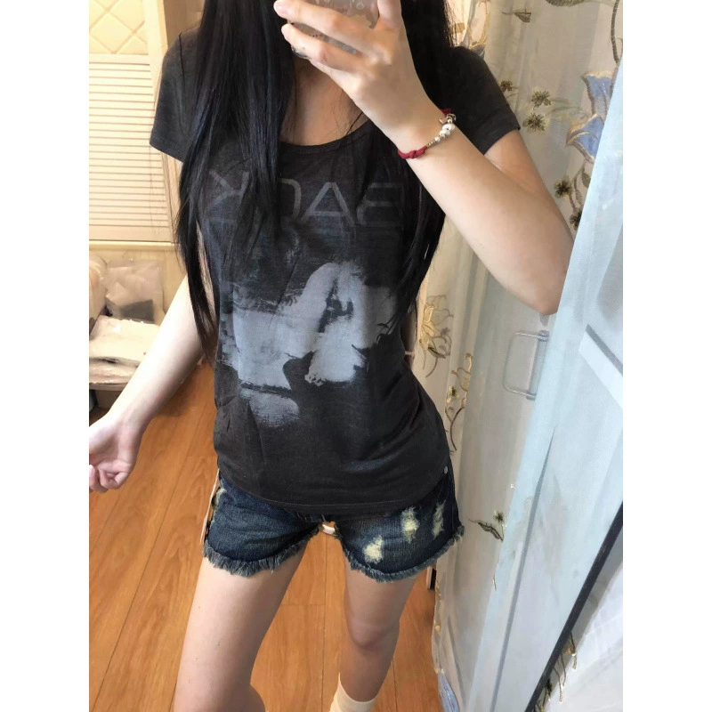 [210 г, 40 шт., тонкий хлопок 1*1] Американская серая футболка с буквенным принтом, женская летняя тонкая уличная сексуальная футболка