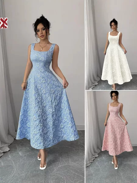 Amazon 2026 Cross-Border European and American Summer Clothing Elegant and Simple Jacquard Square-Neck Long Dress