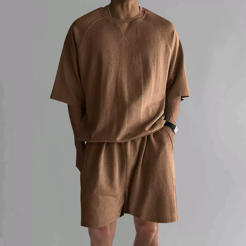 跨境夏季时尚休闲运动男式套装短袖短裤舒适速干纯色绣花套装两件