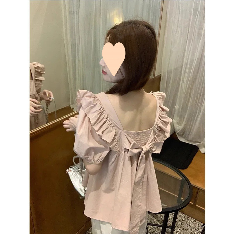 法式甜美方领小飞袖荷叶边衬衫夏季女装2025新款杏色裙摆娃娃上衣|undefined