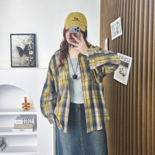 100kg Fat Sister Spring New Large Size Temperament Easiest for Match Mid-Length Plaid Long Sleeve Shirt Cardigan Women 6178