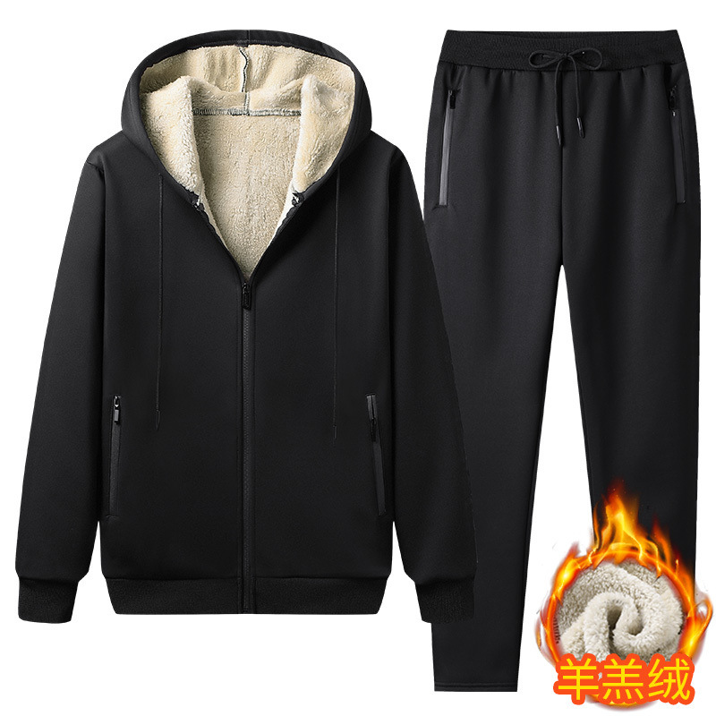 Trajes de invierno transfronterizos de cordero de gran tamaño, traje de cachemira para hombres, traje de ocio deportivo de cachemira grueso, chaqueta con capuzas para hombres, pantalones para hombres