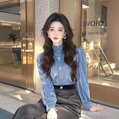港风复古立领长袖衬衫女秋冬2025新款轻奢高级感衬衣别致内搭上衣