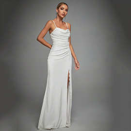 吊带晚礼服抹胸缩褶开叉缎面礼服裙欧美性感修身包臀连衣裙春