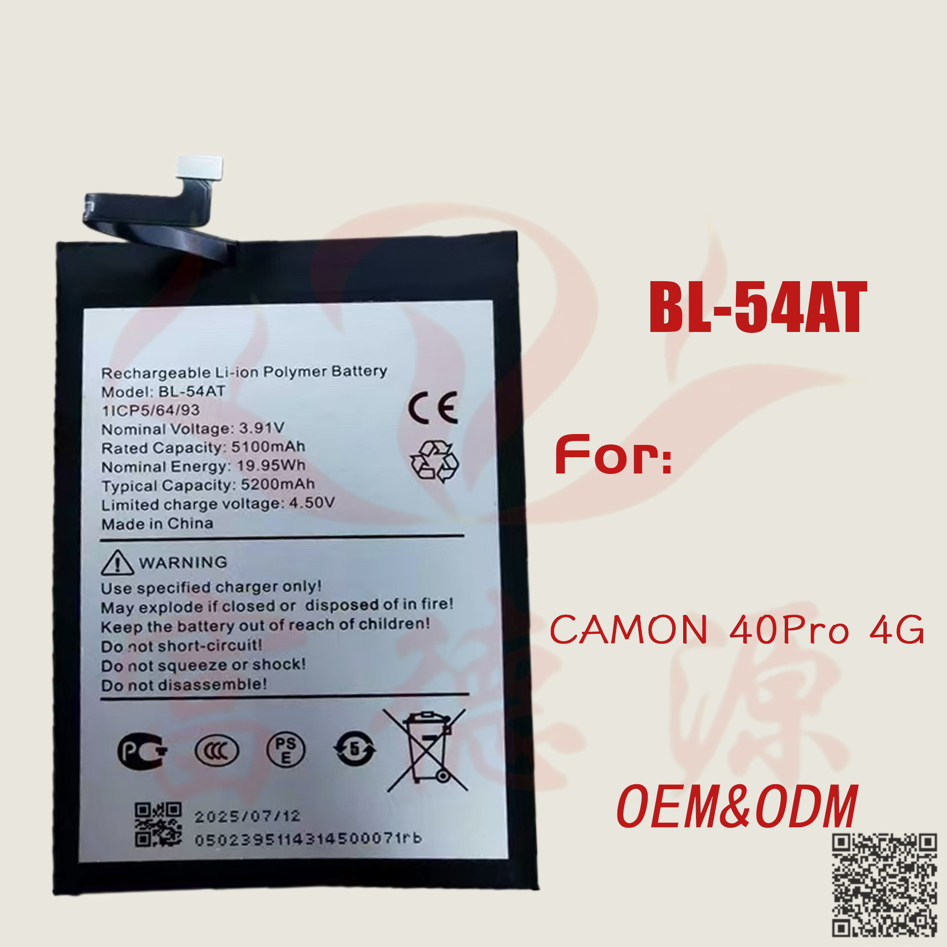 BL-54AT手机电池适用于传音TECON CAMON 40 Pro 4G手机电池批发