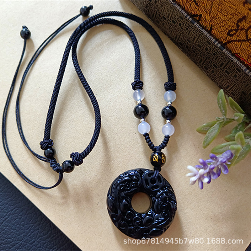 흑요석 더블 용감한 평화 버클 펜던트 (마노 비드 블랙 로프 포함)