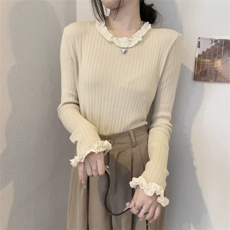 Lace knitted body-friendly spring fitted sweater